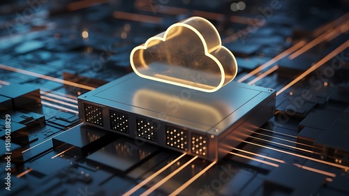 Glowing Cloud Icon on Futuristic Server; Abstract Data Center Technology Concept