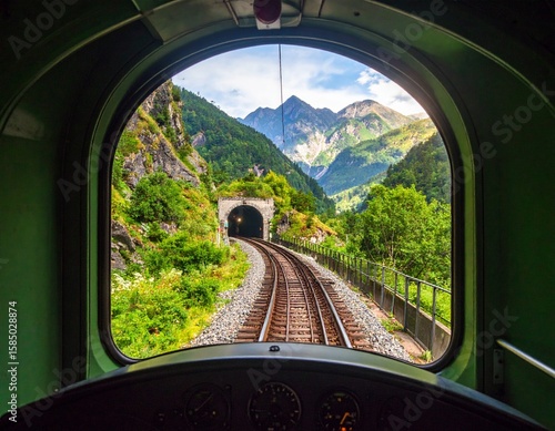 A scenic view from a train driver’s cockpit showing railway tracks heading into a distant tunnel, framed by beautiful mountains. A perfect blend of adventure, nature, and perspective.
