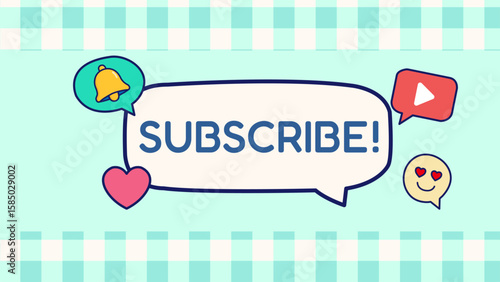 Cute pastel YouTube banner with speech bubble, subscribe text and social media icons. Perfect for channel art, video streaming, and SNS content design.