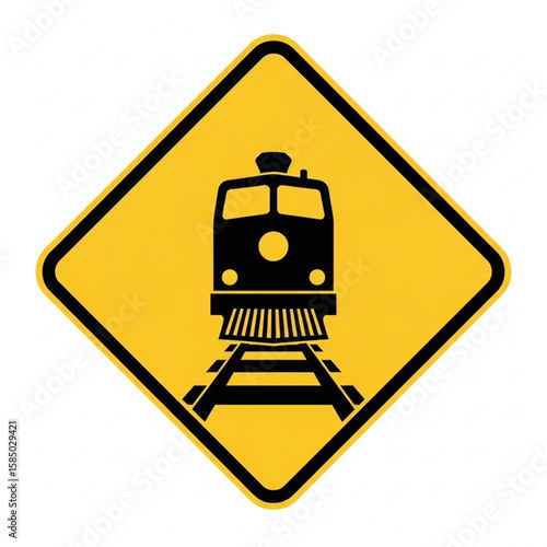 Yellow diamond-shaped traffic sign depicting a train on railroad tracks, warning of approaching train.