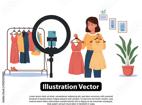 A young woman presents clothing items on hangers during a live online fashion show