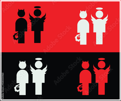 Angel and Devil Pictograms in Contrasting Colors on a Split Background