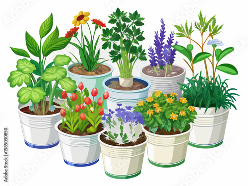 vector of Seven types of herbaceous plants planted in white tin buckets placed in an isolated row on a white background...