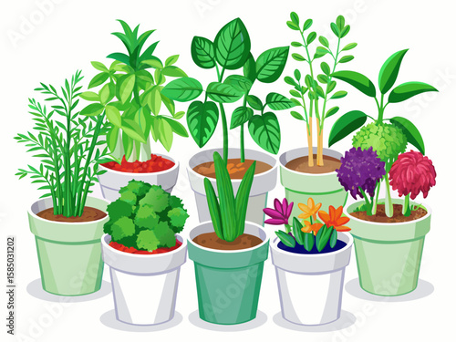 vector of Seven types of herbaceous plants planted in white tin buckets placed in an isolated row on a white background...