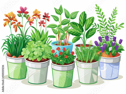 vector of Seven types of herbaceous plants planted in white tin buckets placed in an isolated row on a white background...
