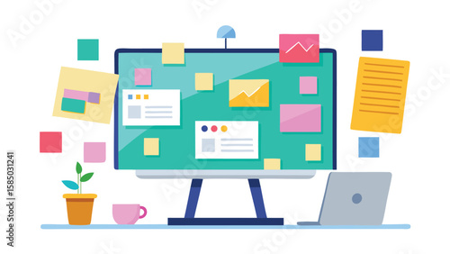 Illustration of a computer monitor with sticky notes and a laptop on a desk with a plant and cup