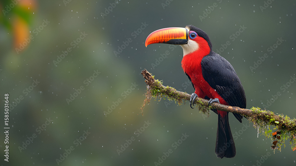 Obraz premium A beautiful toucan with a colorful beak rests peacefully on a lush, green branch amidst falling droplets.