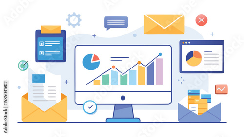 Illustration of a computer monitor displaying charts and graphs with surrounding business icons and elements