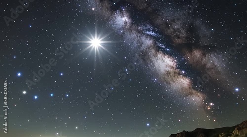 The bright star Sirius shining prominently in the night sky above the Milky Way galaxy, captured in high clarity. HD, 4K, HD video.