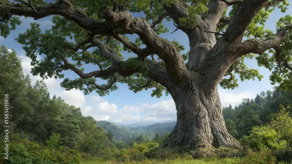 A large, mature tree in a peaceful forest clearing A large, mature tree in a peaceful forest clearing