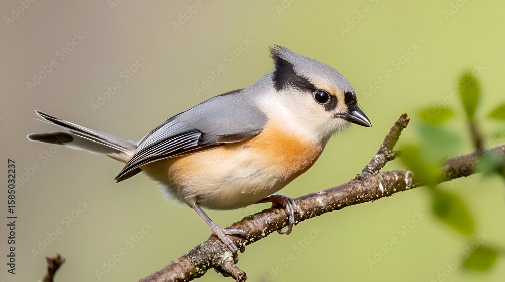 Fototapeta premium A delicate woodland bird with a prominent head crest rests peacefully on a rugged tree limb.
