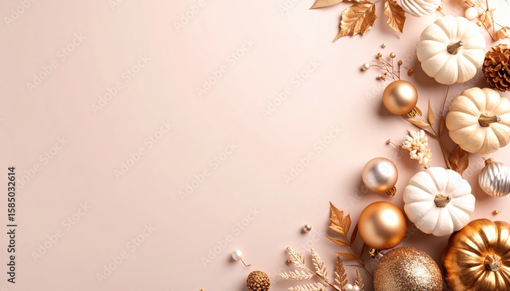 Obraz premium Elegant autumn decor with white pumpkins and golden accents for seasonal celebrations soft background flat lay perspective cozy home environment