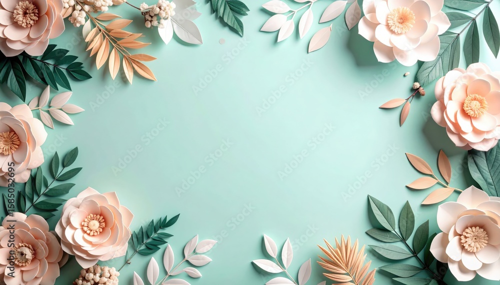Fototapeta premium Floral arrangement display soft pastel background paper craft indoor setting top view aesthetic design for home decor