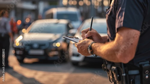 Police officer writing accident report at car crash scene, law enforcement and investigation concept