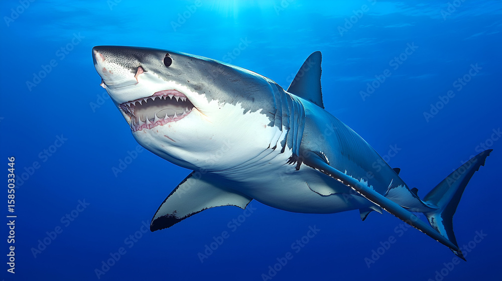 Obraz premium A powerful great white shark glides through the deep blue ocean with its mouth slightly open.