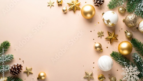 Festive christmas decoration arrangement elegant holiday setting image of ornaments and pinecones warm color palette top view celebration concept