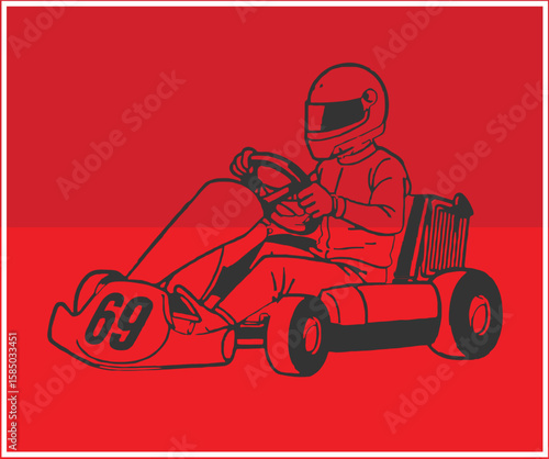 Red and Black Go Kart Illustration with Driver and Number Sixty Nine