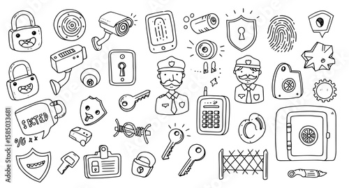 Hand-Drawn Security  Protection Doodles: Locks, Cameras, Guards,  Safety Icons