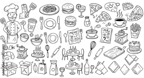 Detailed Hand-Drawn Culinary Art Collection: Chef, Food, Kitchenware  Restaurant Doodles