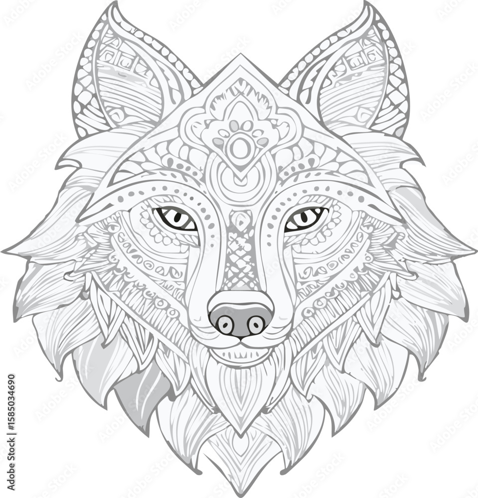 Obraz premium Decorative Wolf Line Art – Intricate Mandala Style Animal Illustration in Black and White