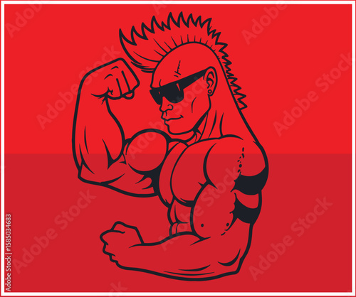 Red Illustration of Muscular Man with Mohawk and Sunglasses Flexing Biceps