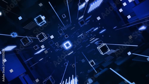 3d looped abstract background with data blocks. Information technology concept with data flow. Blue dark sci fi bg fly through hi tech digital space, neon light. Data flow in blockchain or bigdata.
