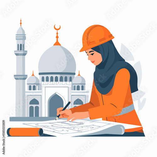 A Muslim woman civil engineer in hijab wearing a hardhat reviews blueprints for a mosque, showcasing modern Islamic architecture and female empowerment in construction.
