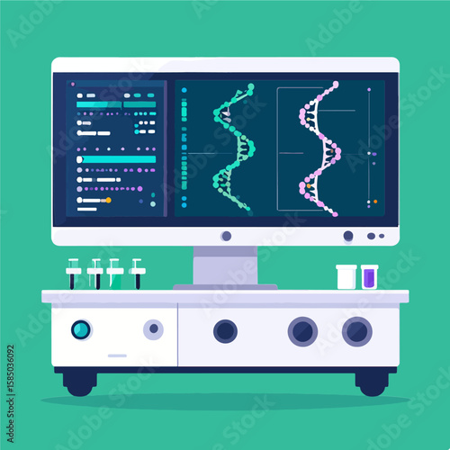 A colorful cartoon illustration depicting a scientific laboratory setup with a computer displaying DNA strands, beakers, and vials on a mobile white lab bench against a teal background.