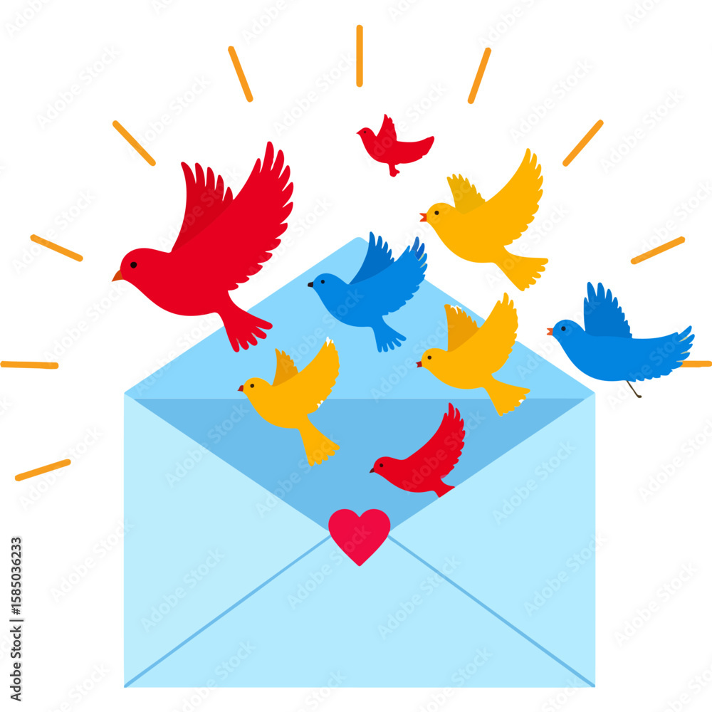 Obraz premium A whimsical illustration of an envelope overflowing with colorful birds symbolizing love letters, joyful news, or a burst of positive communication.