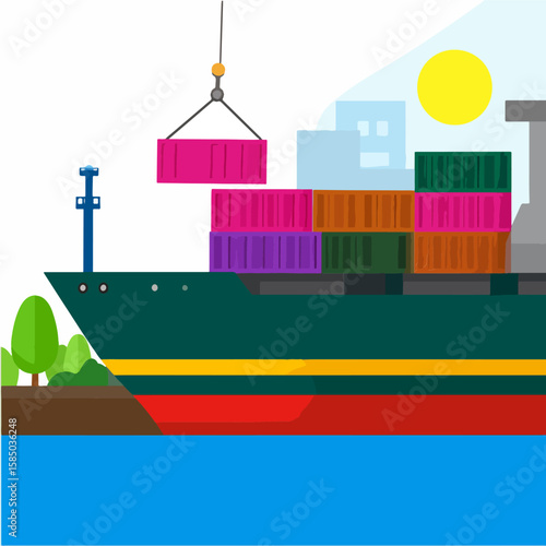 A brightly colored, stylized illustration of a cargo ship being loaded with containers in a port city under a sunny sky, showcasing global trade and shipping.