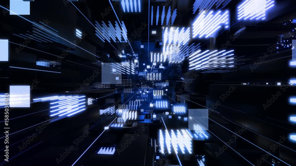 3d looped abstract background with data blocks. Information technology concept with data flow. Blue dark sci fi bg fly through hi tech digital space, neon light. Data flow in blockchain or bigdata.