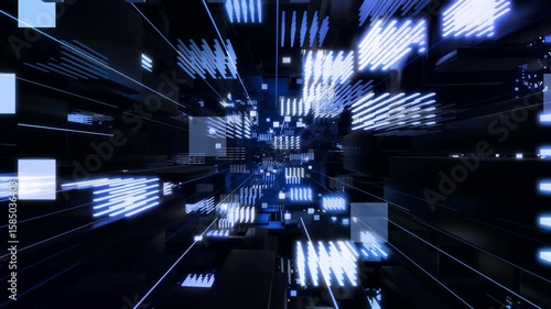 3d looped abstract background with data blocks. Information technology concept with data flow. Blue dark sci fi bg fly through hi tech digital space, neon light. Data flow in blockchain or bigdata.