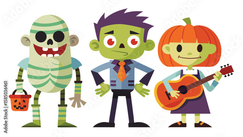 Cartoon halloween characters including a mummy a zombie and a pumpkin girl illustration
