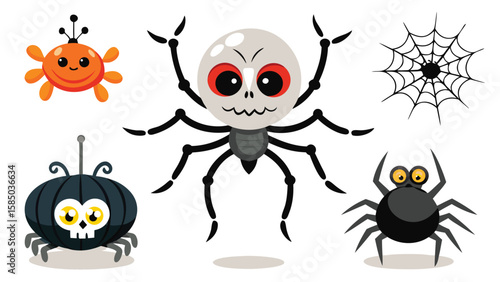 Cartoon halloween spiders and a spiderweb with different designs on a white background illustration