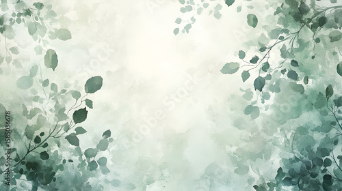 Ethereal watercolor leaves frame a serene natural backdrop with soft light