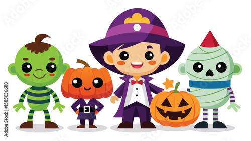 A group of cartoon halloween characters including a witch, pumpkin, zombie and mummy standing together