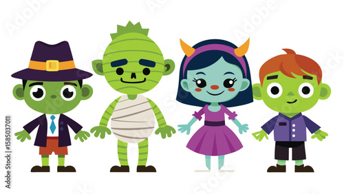 Cartoon illustration of four halloween monsters in costume standing in a row smiling happily