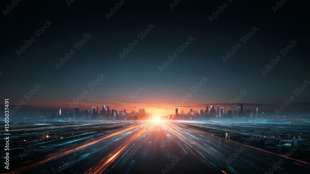 Obraz premium Cityscape at dusk with light trails showing urban development