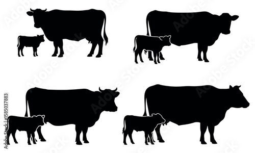 Cow and calf icon set in black silhouette representing farm animals and livestock
