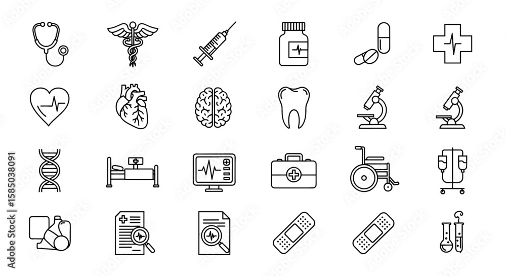 Naklejka premium Medical Vector Icon Set | Stethoscope, DNA, heart, brain, microscope, syringe, pills, document, hospital, bed, wheelchair, tests, aid icons