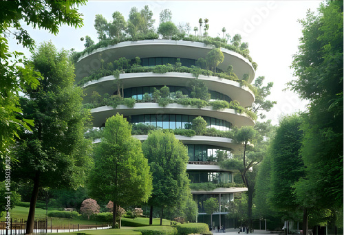 A modern futuristic green ecological city with many plants and a round buildings in the center; solarpunk city
