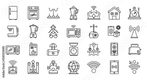 Home Appliances Vector Icon Set | Kitchen, refrigerator, microwave, oven, blender, coffee maker, scale, juicer, toaster, smart home devices