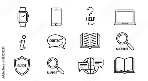 Support & Resources Vector Icon Set | Smartwatch, smartphone, help, laptop, information, contact, book, support, guide, globe