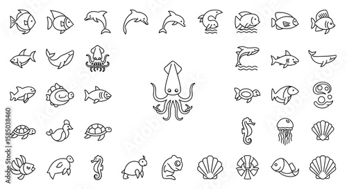 Sea Creatures Vector Icon Set | Fish, dolphin, whale, shark, turtle, seahorse, shell, squid, jellyfish, ocean, water, marine life icons