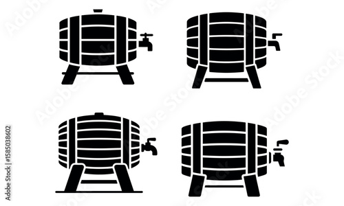 Beer barrel icon set in black silhouette with tap spout for brewery and drink storage
