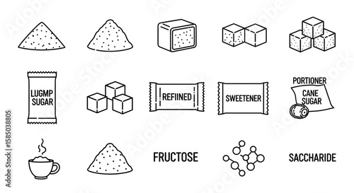 Sugar Vector Icon Set | Powder, cubes, sweetener, cup, cane, lumps, fructose, saccharide, refined food ingredients