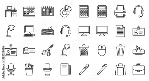 Office Equipment Vector Icon Set | Desk, calendar, chart, calculator, printer, headphones, lamp, computer, keyboard, scissors, trash, stationery, chair, briefcase icons