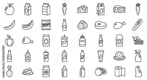Groceries Vector Icon Set: Food, Drinks, Household Items, Baby Food, Snacks, Meats, Dairy, Produce, Condiments - Line Art Icons