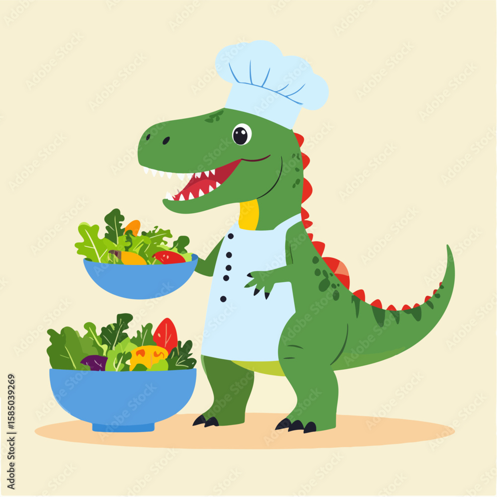 Obraz premium An adorable green dinosaur chef wearing a toque and apron, joyfully holding two bowls of fresh, colorful salad, perfect for healthy eating, children's books, and culinary projects.