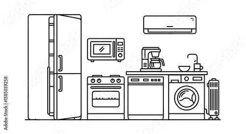 Home Appliances Vector Icon Set | Refrigerator, dishwasher, microwave, oven, air conditioner, coffee maker, washing machine, heater, kitchen